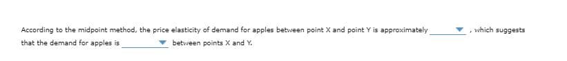 According to the midpoint method, the price elasticity of demand for apples between point X and point Y is approximately
which
suggests
that the demand for apples is
between points X and Y.
