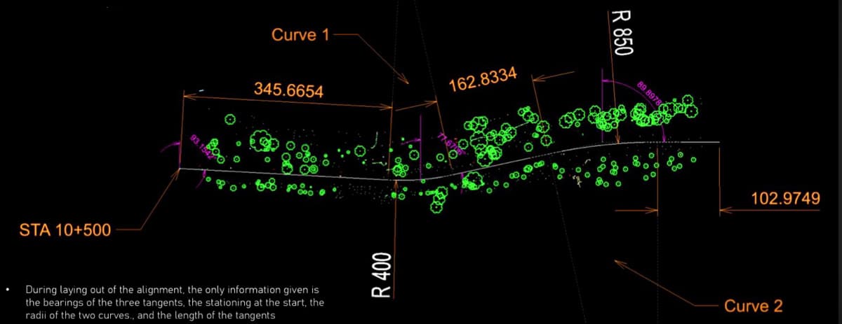 Curve 1
345.6654
162.8334
102.9749
STA 10+500
During laying out of the alignment, the only information given is
the bearings of the three tangents, the stationing at the start, the
radii of the two curves., and the length of the tangents
Curve 2
R 850
89.8978
R 400
