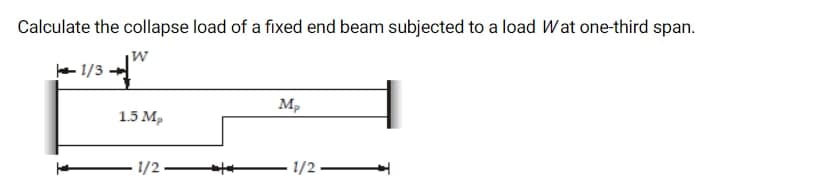 Calculate the collapse load of a fixed end beam subjected to a load Wat one-third span.
he 1/3
M2
1.5 M,
1/2
1/2
