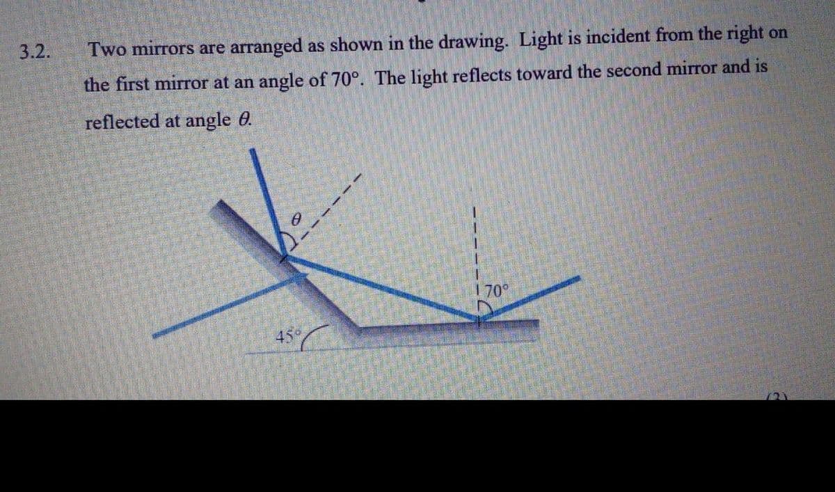 3.2.
Two mirrors are arranged as shown in the drawing. Light is incident from the right on
the first mirror at an angle of 70°. The light reflects toward the second mirror and is
reflected at angle 0.
70°
45
