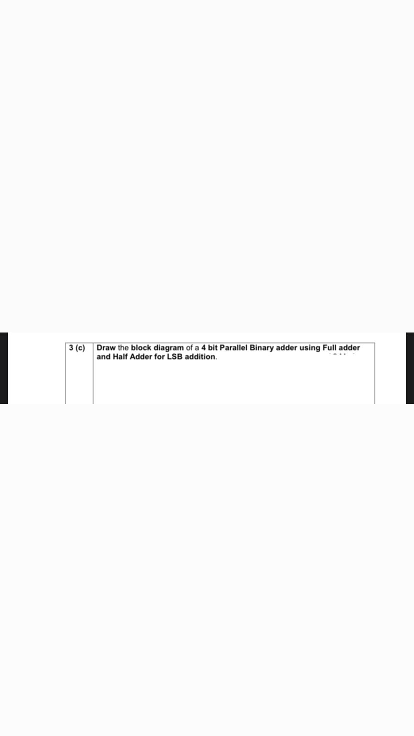 3 (с)
Draw the block diagram of a 4 bit Parallel Binary adder using Full adder
and Half Adder for LSB addition.
