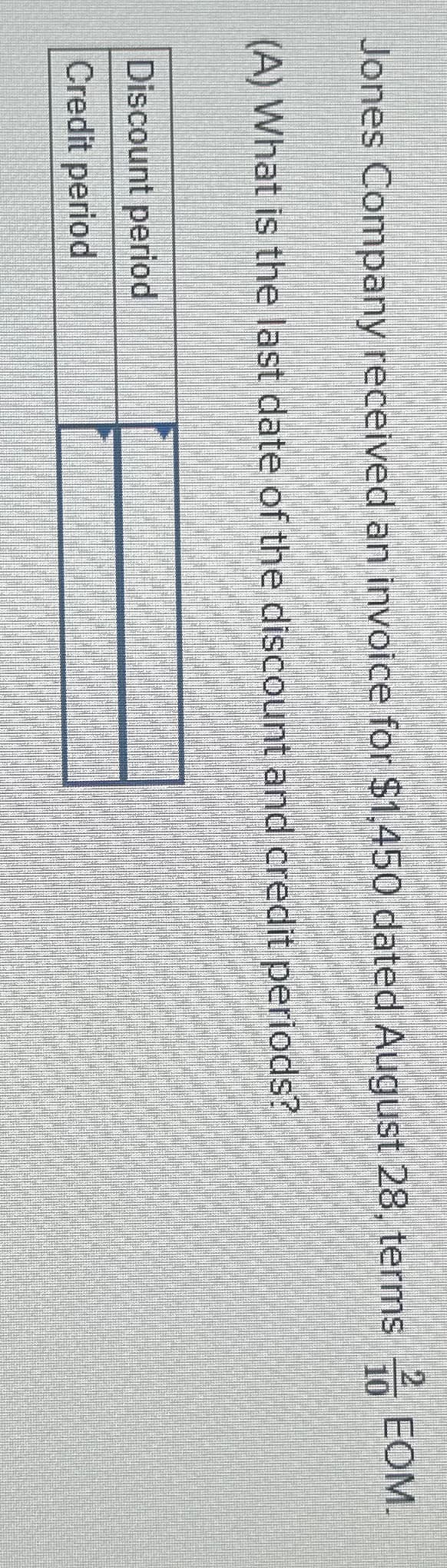 Jones Company received an invoice for $1,450 dated August 28, terms/EOM.
(A) What is the last date of the discount and credit periods?
Discount period
Credit period