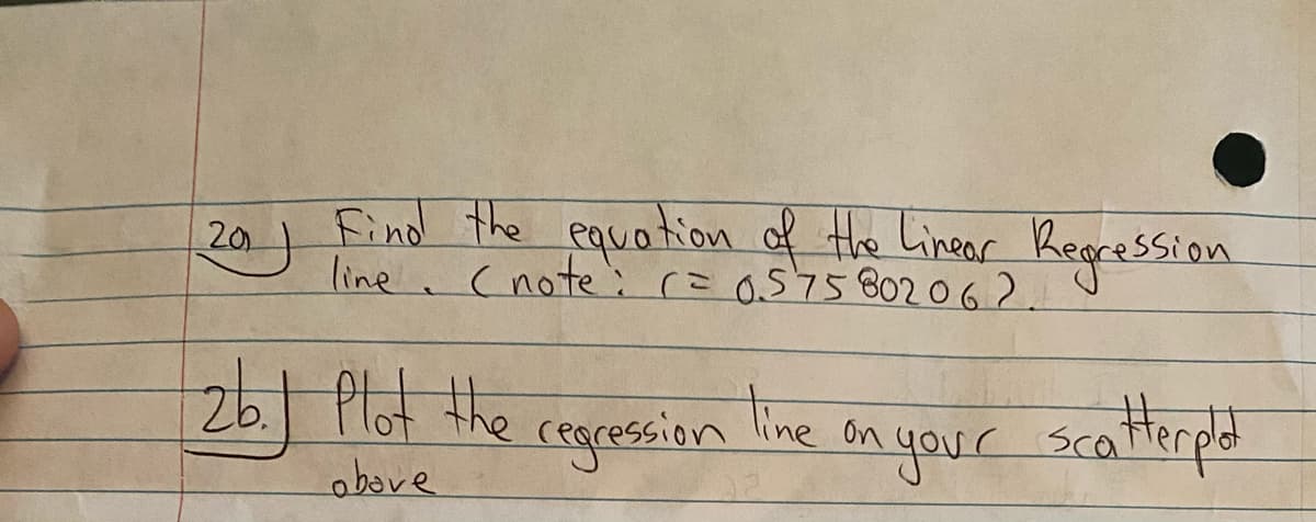 Find the equation of the Lineor Regression
line (noteic=0575802062.
20
tine on
26 91ot the cegression
scatterps
above
