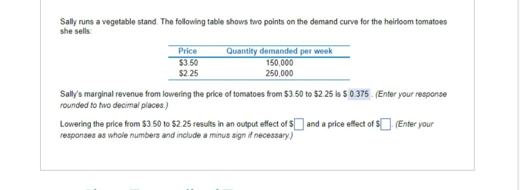 Sally runs a vegetable stand. The following table shows two points on the demand curve for the heirloom tomatoes
she sells:
Price
$3.50
$2.25
Quantity demanded per week
150,000
250,000
Sally's marginal revenue from lowering the price of tomatoes from $3.50 to $2.25 is $ 0.375. (Enter your response
rounded to two decimal places.)
Lowering the price from $3.50 to $2.25 results in an output effect of $ and a price effect of $. (Enter your
responses as whole numbers and include a minus sign if necessary.)