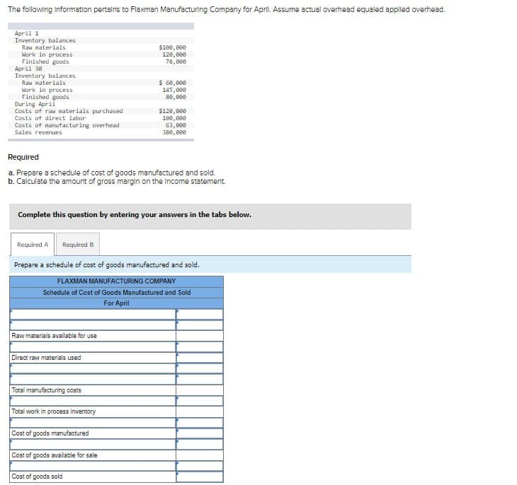 The following Information pertains to Flaxman Manufacturing Company for April. Assume actual overhead equaled applied overhead.
April 1
Inventory balances
Raw materials
Work in process
Finished goods
April 30
Inventory balances.
Raw materials
Work in process
Finished goods
During April
Costs of raw materials purchased
Costs of direct labor
Costs of manufacturing overhead
Sales revenues
Required
a. Prepare a schedule of cost of goods manufactured and sold.
b. Calculate the amount of gross margin on the income statement.
Raw materials available for use
Complete this question by entering your answers in the tabs below.
Direct raw materials used
Required A Required B
Prepare a schedule of cost of goods manufactured and sold.
FLAXMAN MANUFACTURING COMPANY
Schedule of Cost of Goods Manufactured and Sold
For April
Total manufacturing costs
$100,000
120,000
78,000
Total work in process inventory
$ 60,000
145,000
80,000
Cost of goods manufactured
$120,000
100,000
63,000
380,000
Cost of goods available for sale
Cost of goods sold