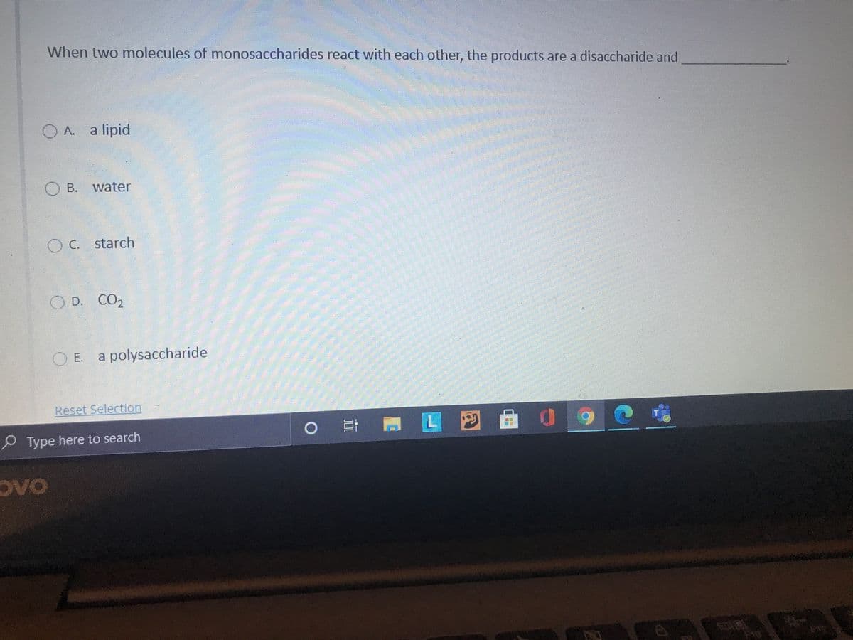 When two molecules of monosaccharides react with each other, the products are a disaccharide and
O A. a lipid
O B. water
O C. starch
O D. CO2
O E. a polysaccharide
Reset Selection
P Type here to search
OVO
