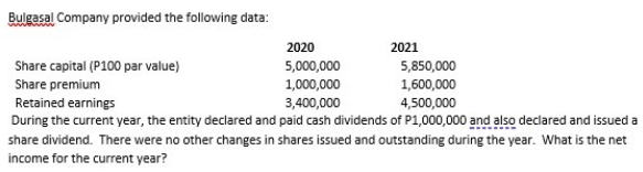 Bulgasal Company provided the following data:
2020
2021
Share capital (P100 par value)
5,000,000
5,850,000
1,000,000
3,400,000
During the current year, the entity declared and paid cash dividends of P1,000,000 and also declared and issued a
Share premium
1,600,000
Retained earnings
4,500,000
share dividend. There were no other changes in shares issued and outstanding during the year. What is the net
income for the current year?
