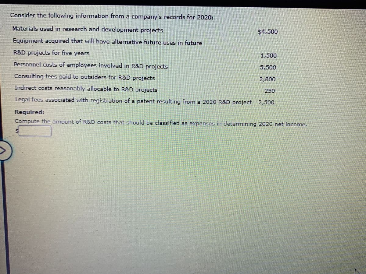 Consider the following information from a company's records for 2020:
Materials used in research and development projects
$4,500
Equipment acquired that will have alternative future uses in future
R&D projects for five years
1,500
Personnel costs of employees involved in R&D projects
5,500
Consulting fees paid to outsiders for R&D projects
2,800
Indirect costs reasonably allocable to R&D projects
250
Legal fees associated with registration of a patent resulting from a 2020 R&D project 2,500
Required:
Compute the amount of R&D costs that should be classified as expenses In determining 2020 net income.
