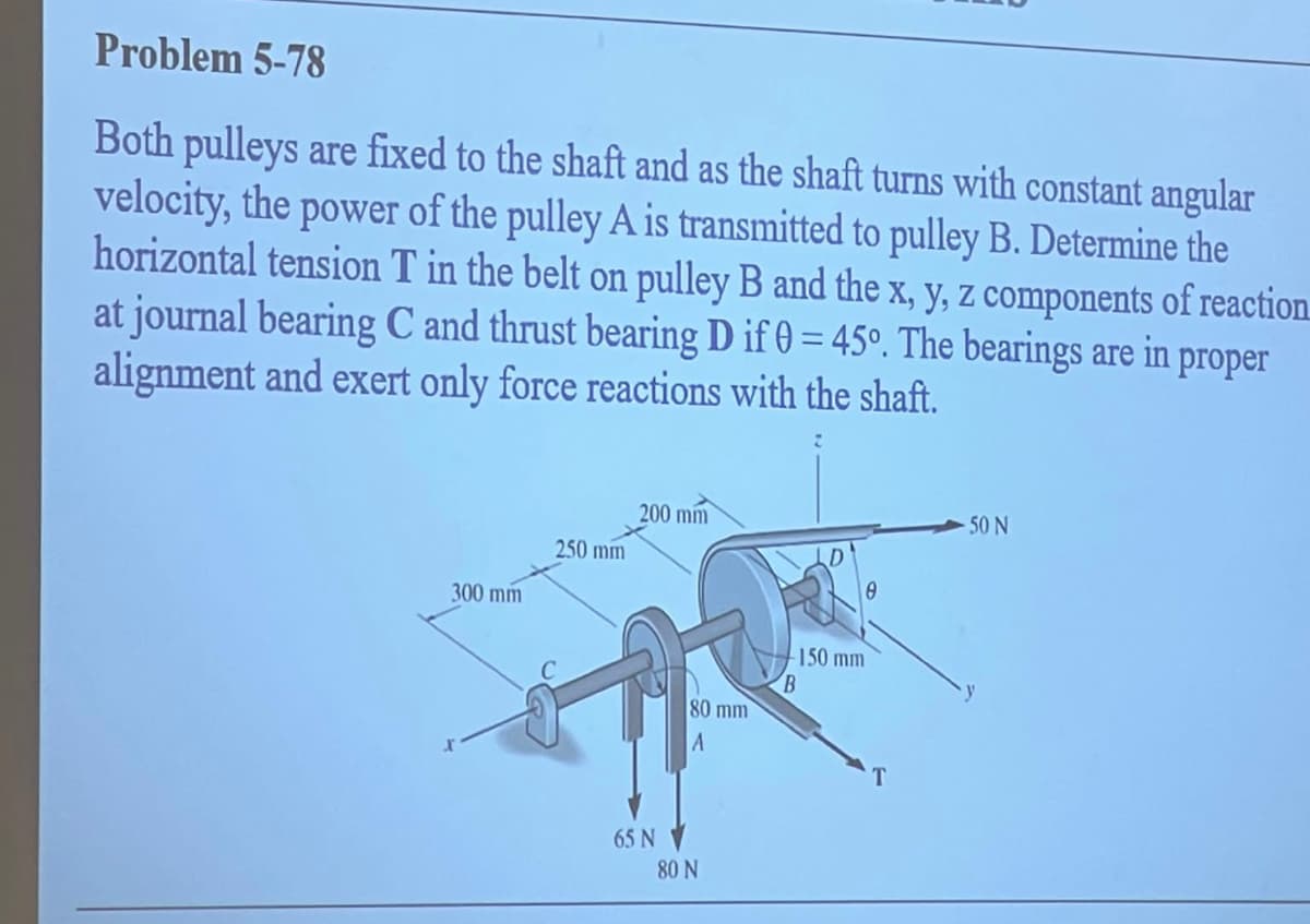 Problem 5-78
Both pulleys are fixed to the shaft and as the shaft turns with constant angular
velocity, the power of the pulley A is transmitted to pulley B. Determine the
horizontal tension T in the belt on pulley B and the x, y, z components of reaction
at journal bearing C and thrust bearing D if 0=45°. The bearings are in proper
alignment and exert only force reactions with the shaft.
300 mm
250 mm
200 mm
65 N
80 mm
A
80 N
-150 mm
-50 N