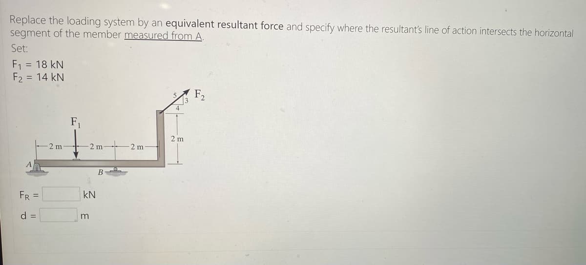 Replace the loading system by an equivalent resultant force and specify where the resultant's line of action intersects the horizontal
segment of the member measured from A.
Set:
F1 = 18 kN
F2 = 14 kN
4
F1
2 m
2 m
2 m
2 m
B
FR =
kN
d =
