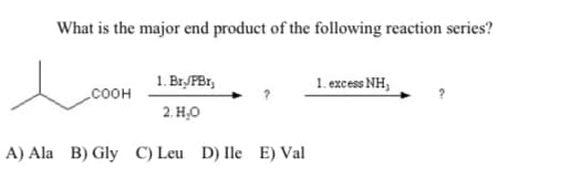 What is the major end product of the following reaction series?
1. BIJPBI,
1. excess NH,
COOH
2. H,O
A) Ala B) Gly C) Leu D) Ile E) Val
