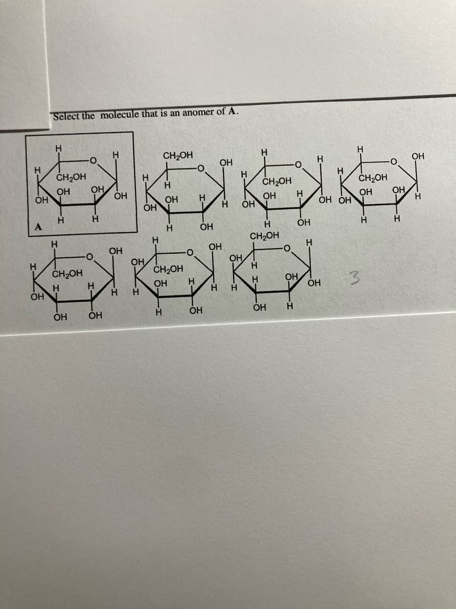 Select the molecule that is an anomer of A.
奇
H.
CH2OH
H.
OH
H.
ОН
ČH2OH
H
H
ČH2OH
ČH2OH
OH
ÓH
OH
OH
OH
ÓH
OH
ÓH
OH
ОН ОН
OH
H
H.
A
H.
OH
OH
H
H.
H
CH2OH
OH
OH
H
ČH2OH
OH
CH2OH
OH
H.
OH
3.
H
OH
H
H.
OH
ÓH
ÓH
H
