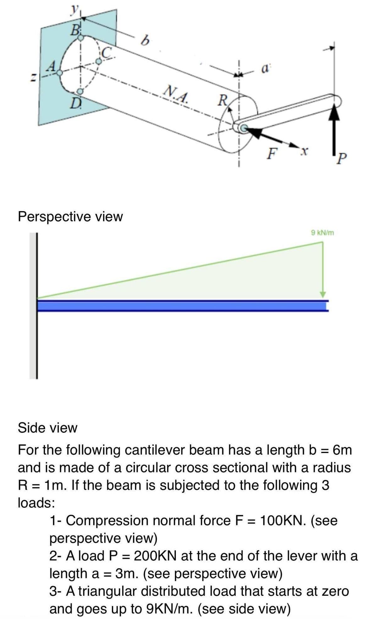 B
b
C.
a
N.A.
R.
D.
F
'P
Perspective view
9 kN/m
Side view
%3D
For the following cantilever beam has a length b = 6m
and is made of a circular cross sectional with a radius
R = 1m. If the beam is subjected to the following 3
%D
loads:
1- Compression normal force F = 100KN. (see
perspective view)
2- A load P = 200KN at the end of the lever with a
length a = 3m. (see perspective view)
3- A triangular distributed load that starts at zero
and goes up to 9KN/m. (see side view)
