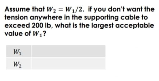 Assume that W2 = W1/2. if you don't want the
tension anywhere in the supporting cable to
exceed 200 lb, what is the largest acceptable
value of W1?
W1
W2
