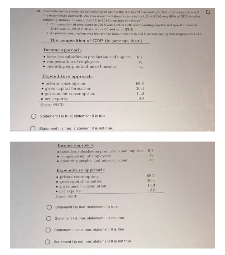 38
The table below shows the composition of GDP in the U.S. in 2016 according to the income approach and
the expenditure approach. VWe also know that labour income in the U.S. in 2016 was 60% of GDP. Are the
following statements about the U.S. in 2016 then true or not true?
1. Compensation of employees in 2016 was 60% of GDP and operating surplus and mixed income in
2016 was 33.3% of GDP (Le. z - 60 and az = 33.3).
2. As private consumption was higher than labour income in 2016, private saving was negative in 2016.
The composition of GDP (in percent, 2016)
Income approach:
• taxes less subsidies on production and imports: 6.7
• compensation of employees:
• operating surplus and mixed income:
Expenditure approach:
• private consumption:
• gross capital formation:
• government consumption:
• net exports:
68.5
20.4
14.3
-2.8
Source: OECD
Statement I is true; statement II is true.
Statement I is true: statement Il is not true.
Income approach:
• taxes less subsidies on production and imports: 6.7
• compensation of employees:
• operating surplus and mixed income:
Expenditure approach:
• private consumption:
• gross capital formation:
• government consumption:
• net exports:
68.5
20.4
14.3
-2.8
Source OECD
Statement I is true; statement II is true.
Statement I is true; statement II is not true.
Statement I is not true; statement II is true.
Statement I is not true; statement II is not true.
