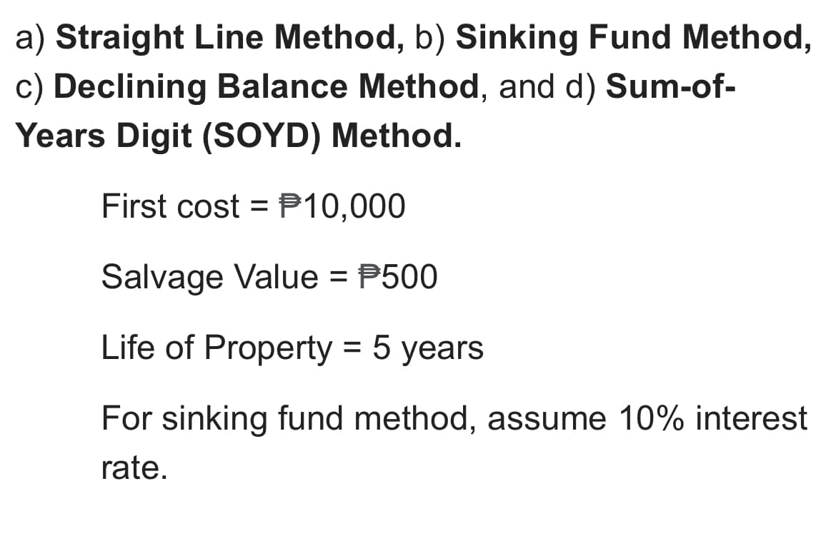 a) Straight Line Method, b) Sinking Fund Method,
c) Declining Balance Method, and d) Sum-of-
Years Digit (SOYD) Method.
First cost = P10,000
%3D
Salvage Value = P500
Life of Property = 5 years
For sinking fund method, assume 10% interest
rate.
