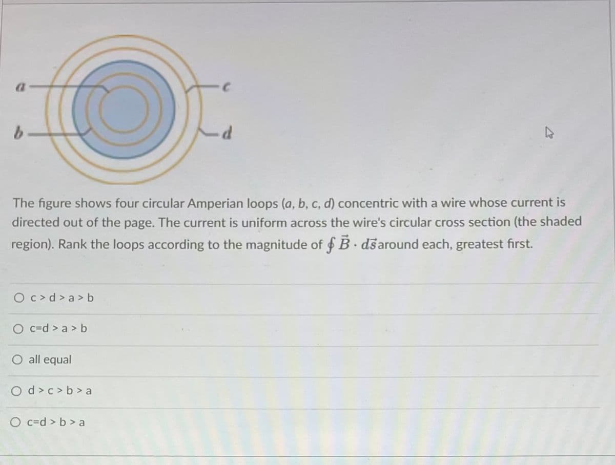 b
The figure shows four circular Amperian loops (a, b, c, d) concentric with a wire whose current is
directed out of the page. The current is uniform across the wire's circular cross section (the shaded
region). Rank the loops according to the magnitude of B. ds around each, greatest first.
Oc>d>a>b
O c-d>a> b
O all equal
Od>c>b> a
4
O c d > b> a