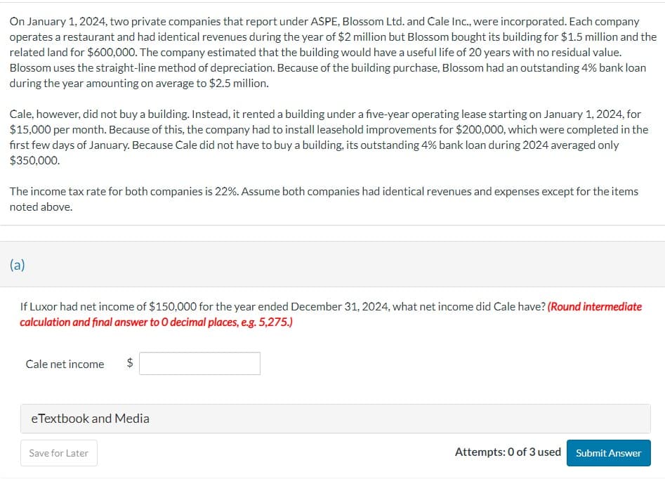 On January 1, 2024, two private companies that report under ASPE, Blossom Ltd. and Cale Inc., were incorporated. Each company
operates a restaurant and had identical revenues during the year of $2 million but Blossom bought its building for $1.5 million and the
related land for $600,000. The company estimated that the building would have a useful life of 20 years with no residual value.
Blossom uses the straight-line method of depreciation. Because of the building purchase, Blossom had an outstanding 4% bank loan
during the year amounting on average to $2.5 million.
Cale, however, did not buy a building. Instead, it rented a building under a five-year operating lease starting on January 1, 2024, for
$15,000 per month. Because of this, the company had to install leasehold improvements for $200,000, which were completed in the
first few days of January. Because Cale did not have to buy a building, its outstanding 4% bank loan during 2024 averaged only
$350,000.
The income tax rate for both companies is 22%. Assume both companies had identical revenues and expenses except for the items
noted above.
(a)
If Luxor had net income of $150,000 for the year ended December 31, 2024, what net income did Cale have? (Round intermediate
calculation and final answer to O decimal places, e.g. 5,275.)
Cale net income $
eTextbook and Media
Save for Later
Attempts: 0 of 3 used Submit Answer