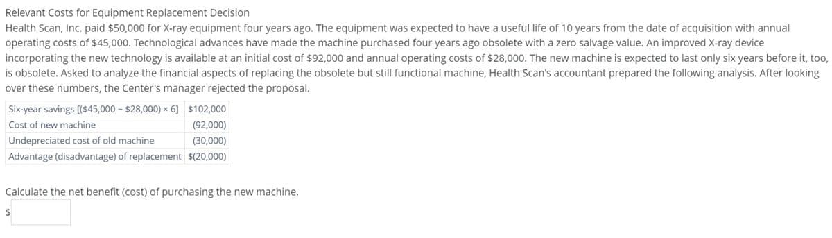 Relevant Costs for Equipment Replacement Decision
Health Scan, Inc. paid $50,000 for X-ray equipment four years ago. The equipment was expected to have a useful life of 10 years from the date of acquisition with annual
operating costs of $45,000. Technological advances have made the machine purchased four years ago obsolete with a zero salvage value. An improved X-ray device
incorporating the new technology is available at an initial cost of $92,000 and annual operating costs of $28,000. The new machine is expected to last only six years before it, too,
is obsolete. Asked to analyze the financial aspects of replacing the obsolete but still functional machine, Health Scan's accountant prepared the following analysis. After looking
over these numbers, the Center's manager rejected the proposal.
Six-year savings [($45,000-$28,000) × 6] $102,000
Cost of new machine
(92,000)
Undepreciated cost of old machine
(30,000)
Advantage (disadvantage) of replacement $(20,000)
Calculate the net benefit (cost) of purchasing the new machine.
$