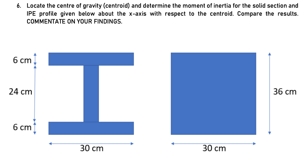 6. Locate the centre of gravity (centroid) and determine the moment of inertia for the solid section and
IPE profile given below about the x-axis with respect to the centroid. Compare the results.
COMMENTATE ON YOUR FINDINGS.
6 cm
36 cm
24 cm
6 ст
30 сm
30 сm
