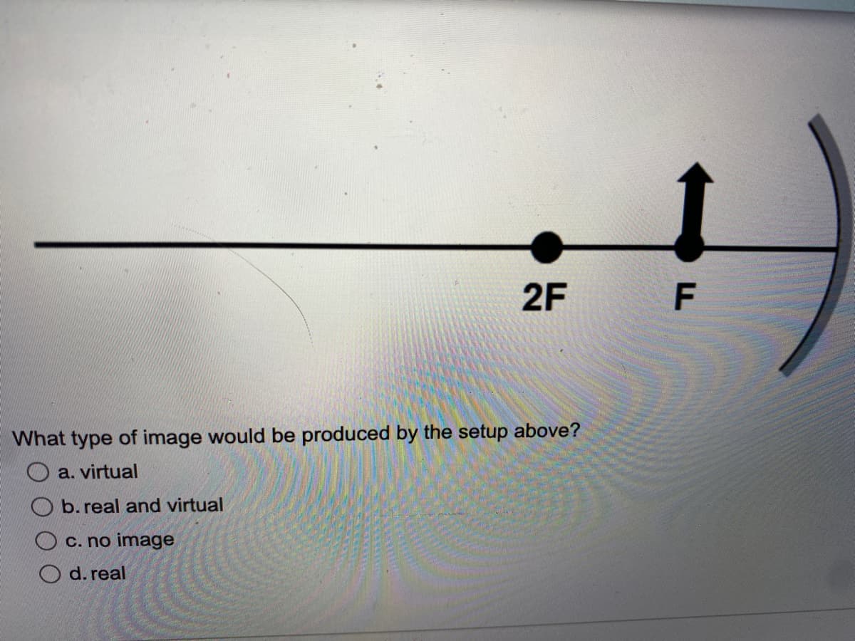 2F
What type of image would be produced by the setup above?
a. virtual
b. real and virtual
c. no image
Od. real
F