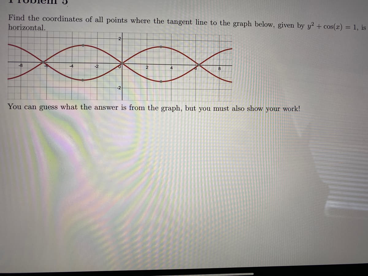 Find the coordinates of all points where the tangent line to the graph below, given by y? + cos(x) = 1, is
horizontal.
2-
-8
-2
2
--2
You can guess what the answer is from the graph, but you must also show your work!
