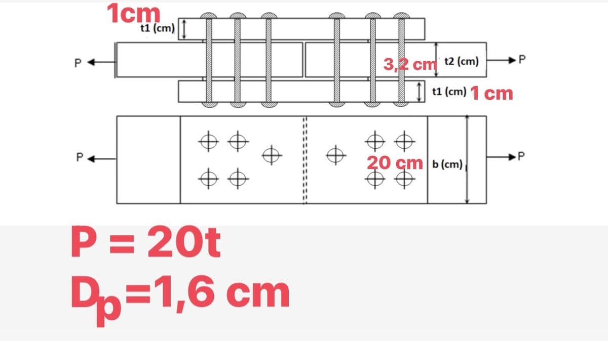 1cm
t1 (cm)
P
3,2 cm t2 (cm)
t1 (cm) 1 cm
20 cm Ь (ст)
P = 20t
%3D
Dp=1,6 cm
