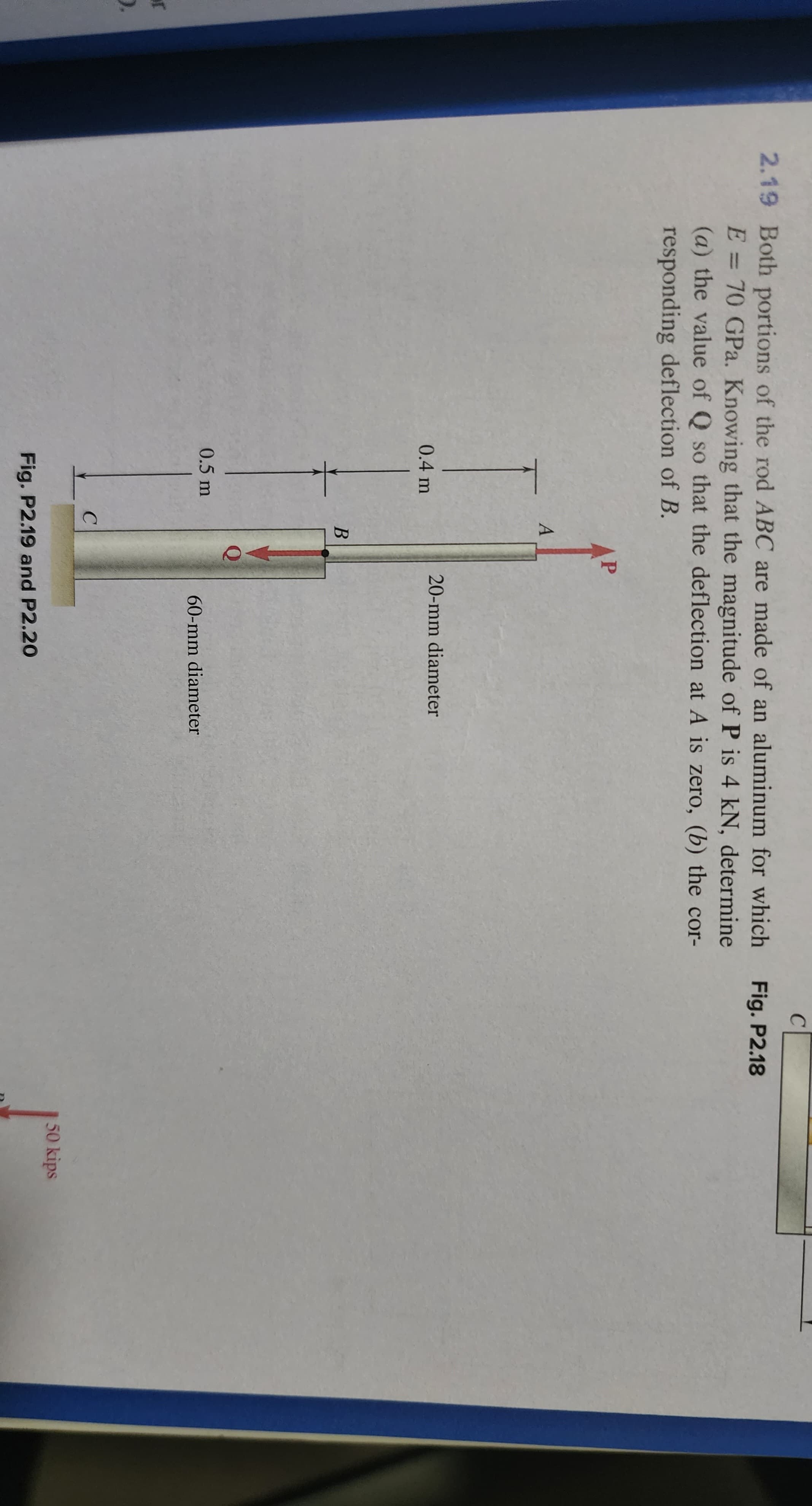 T
).
2.19 Both portions of the rod ABC are made of an aluminum for which
E = 70 GPa. Knowing that the magnitude of P is 4 kN, determine
(a) the value of Q so that the deflection at A is zero, (b) the cor-
responding deflection of B.
0.4 m
0.5 m
A
B
C
P
20-mm diameter
60-mm diameter
Fig. P2.19 and P2.20
C
Fig. P2.18
50 kips