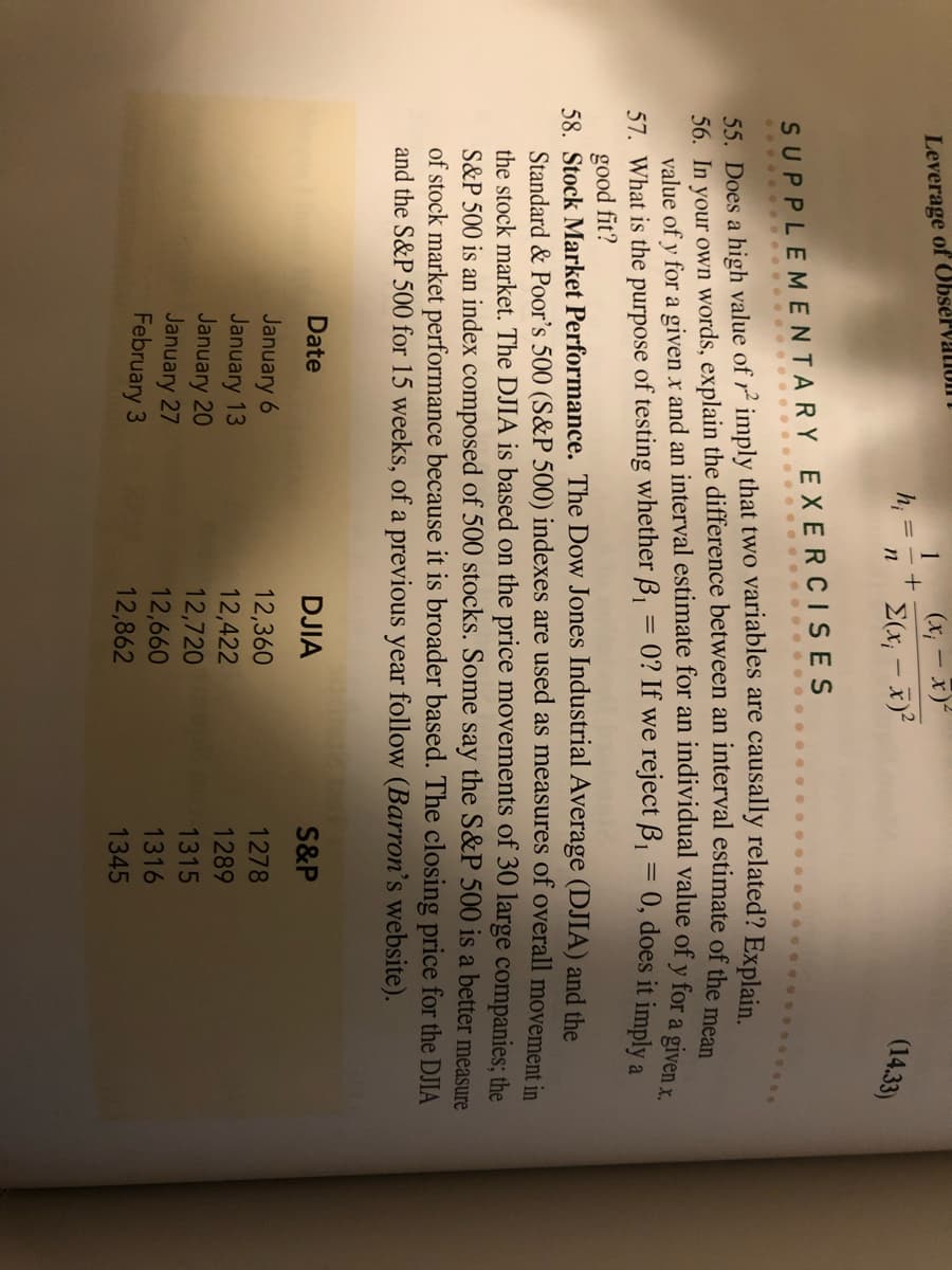 Leverage of Observation
h₁ =
1
n
Date
January 6
January 13
January 20
January 27
February 3
+
(x₁ - x)²
Σ(x − x)2
SUPPLEMENTARY EXERCISES
.................................
55. Does a high value of r² imply that two variables are causally related? Explain.
56. In your own words, explain the difference between an interval estimate of the mean
value of y for a given x and an interval estimate for an individual value of y for a given x.
0? If we reject B₁ = 0, does it imply a
57. What is the purpose of testing whether B₁
=
good fit?
58. Stock Market Performance. The Dow Jones Industrial Average (DJIA) and the
Standard & Poor's 500 (S&P 500) indexes are used as measures of overall movement in
the stock market. The DJIA is based on the price movements of 30 large companies; the
S&P 500 is an index composed of 500 stocks. Some say the S&P 500 is a better measure
of stock market performance because it is broader based. The closing price for the DJIA
and the S&P 500 for 15 weeks, of a previous year follow (Barron's website).
(14.33)
DJIA
12,360
12,422
12,720
12,660
12,862
S&P
1278
1289
1315
1316
1345