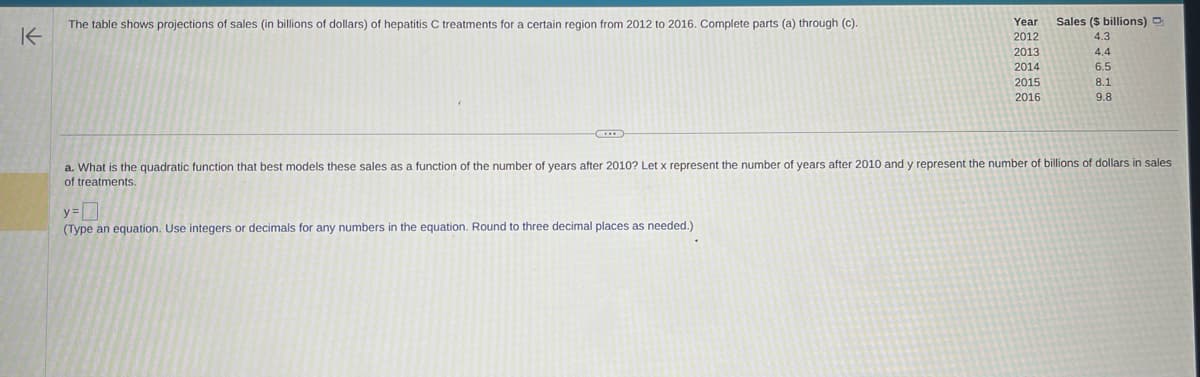 K
The table shows projections of sales (in billions of dollars) of hepatitis C treatments for a certain region from 2012 to 2016. Complete parts (a) through (c).
Year
2012
2013
2014
2015
2016
y=
(Type an equation. Use integers or decimals for any numbers in the equation. Round to three decimal places as needed.)
Sales ($ billions)
4.3
4.4
6.5
8.1
9.8
a. What is the quadratic function that best models these sales as a function of the number of years after 2010? Let x represent the number of years after 2010 and y represent the number of billions of dollars in sales
of treatments.