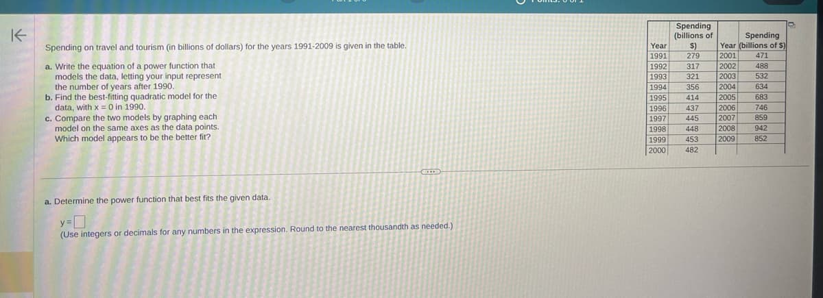 K
Spending on travel and tourism (in billions of dollars) for the years 1991-2009 is given in the table.
a. Write the equation of a power function that
models the data, letting your input represent
the number of years after 1990.
b. Find the best-fitting quadratic model for the
data, with x = 0 in 1990.
c. Compare the two models by graphing each
model on the same axes as the data points.
Which model appears to be the better fit?
(
a. Determine the power function that best fits the given data.
y=
(Use integers or decimals for any numbers in the expression. Round to the nearest thousandth as needed.)
Spending
(billions of
$)
279
Year
1991
1992
317
1993 321
1994 356
1995
414
1996 437
1997 445
1998 448
1999 453
2000 482
Spending
Year (billions of $)
2001
471
2002 488
532
2003
2004
634
683
746
859
942
852
2005
2006
2007
2008
2009