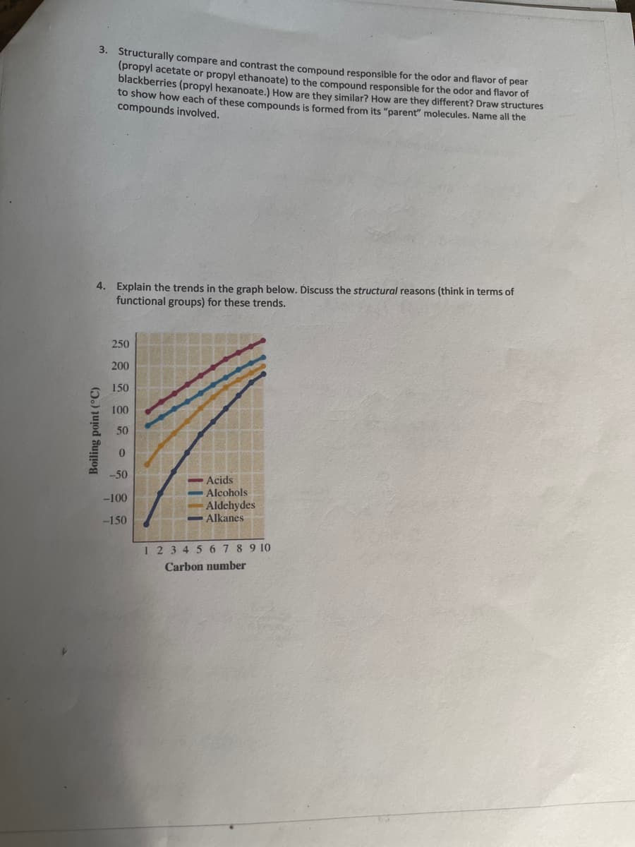 3. Structurally compare and contrast the compound responsible for the odor and flavor of pear
(propyl acetate or propyl ethanoate) to the compound responsible for the odor and flavor of
blackberries (propyl hexanoate.) How are they similar? How are they different? Draw structures
to show how each of these compounds is formed from its "parent" molecules. Name all the
compounds involved.
4. Explain the trends in the graph below. Discuss the structural reasons (think in terms of
functional groups) for these trends.
250
200
150
100
50
-50
Acids
Alcohols
-100
Aldehydes
Alkanes
-150
1 23456 7 8 9 10
Carbon number
Boiling point (°C)

