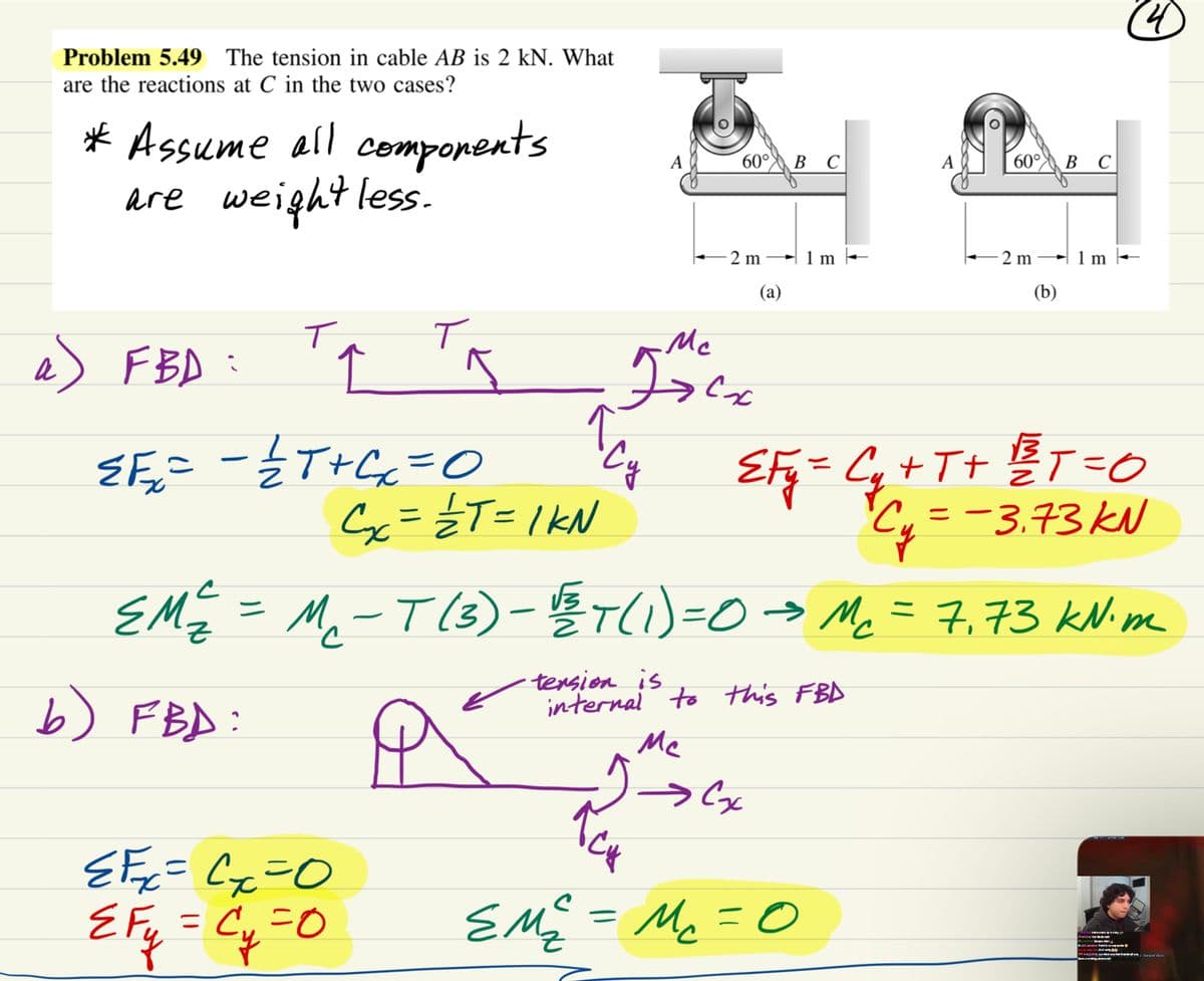 Problem 5.49 The tension in cable AB is 2 kN. What
are the reactions at C in the two cases?
* Assume all components
are weight less.
a) FBD:
T
{√₁₂₁²= = =²/²₂T+C₁₂₁₂=0
Cx ==T=IKN
≤E₁₂x = C²₂₂=0
EFy = C₁ = 0
Cy
A
'Cy
60° B C
Mc
Jocx
-2 m
Me
(a)
1 m
2
EM₂²² = M₁ = 0
Cx
A
60° BC
- 2 m
✦1m
EM ₂²/² = M₁₂ - T (3) - VT (1) =0 → Mc = 7₁, 73 kN.m
b) FBD:
tension is
internal to this FBD
(b)
EFy=C₂₂+T+₂ ²/² T = 0
C₁ = -3.73 KN
the
be
4
Popular
ww