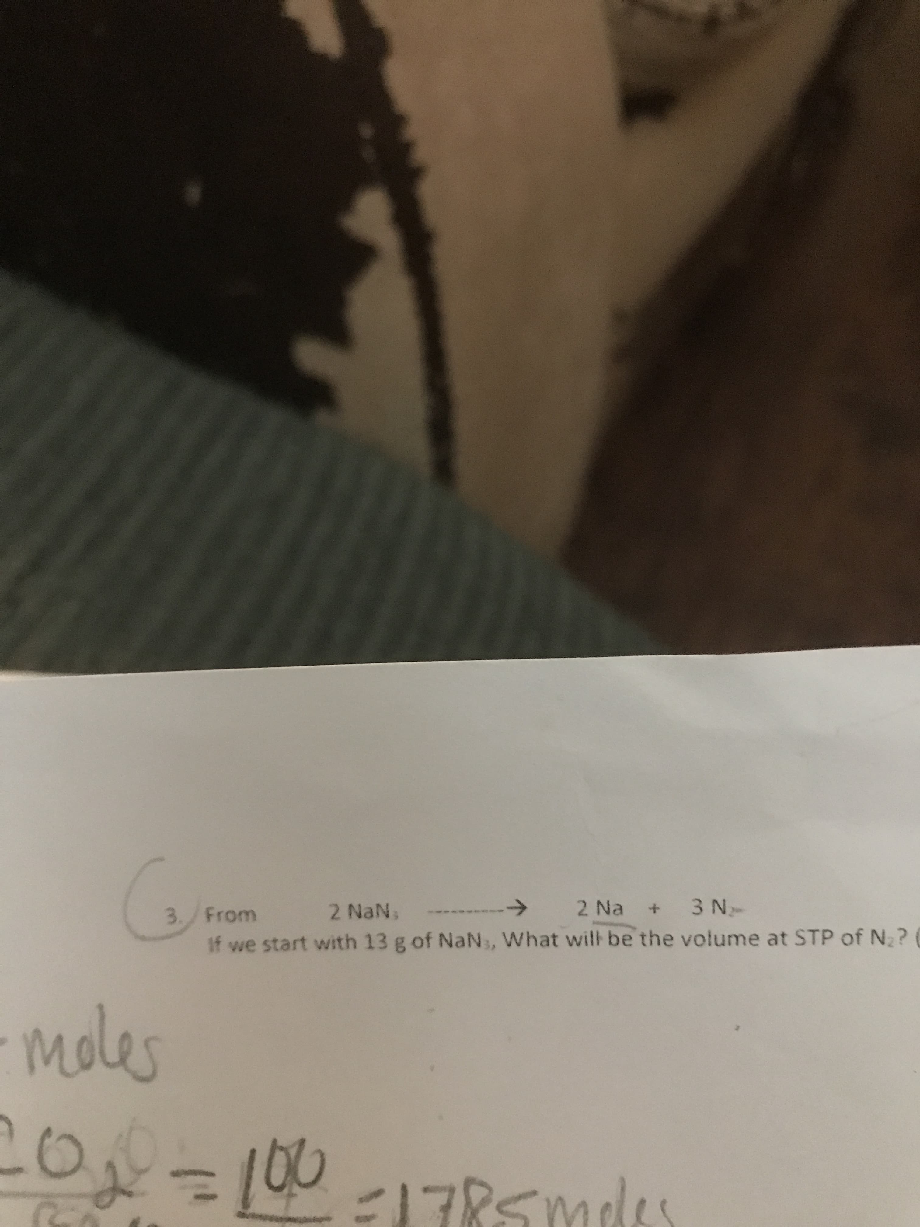 From
2 NaN,
->
2 Na + 3N-
If we start with 13 g of NaN, What will be the volume at STP of N, ?
