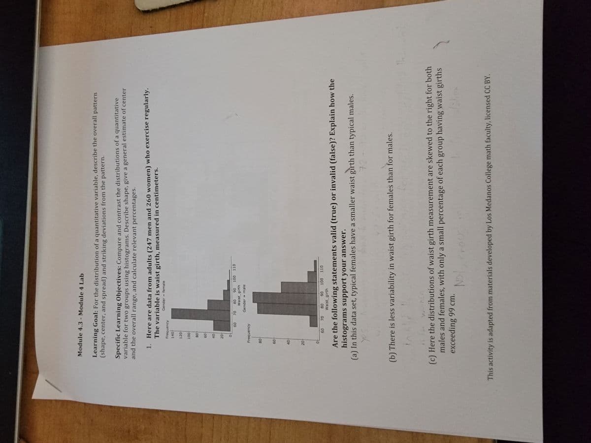 8 8
40
Module 4.3 - Module 4 Lab
Learning Goal: For the distribution of a quantitative variable, describe the overall pattern
(shape, center, and spread) and striking deviations from the pattern.
Specific Learning Objectives: Compare and contrast the distributions of a quantitative
variable for two groups using histograms. Describe shape, give a general estimate of center
and the overall range, and calculate relevant percentages.
1. Here are data from adults (247 men and 260 women) who exercise regularly.
The variable is waist girth, measured in centimeters.
Gender -female
Frequency
140
120
00T
09
40
110
06
Waist girth
09
Gender -male
ovanbau
09
06
Waist girth
110
09
Are the following statements valid (true) or invalid (false)? Explain how the
histograms support your answer.
(a) In this data set, typical females have a smaller waist gìrth than typical males.
72-90
(b) There is less variability in waist girth for females than for males.
(c) Here the distributions of waist girth measurement are skewed to the right for both
males and females, with only a small percentage of each group having waist girths
exceeding 99 cm.
This activity is adapted from materials developed by Los Medanos College math faculty, licensed CC BY.
