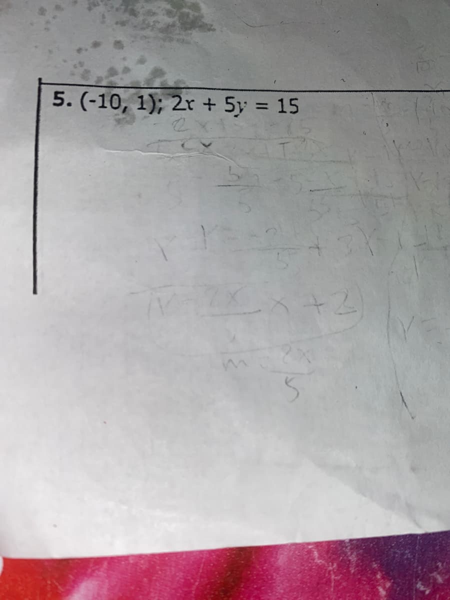 5. (-10, 1); 2r + 5y = 15
%3D
