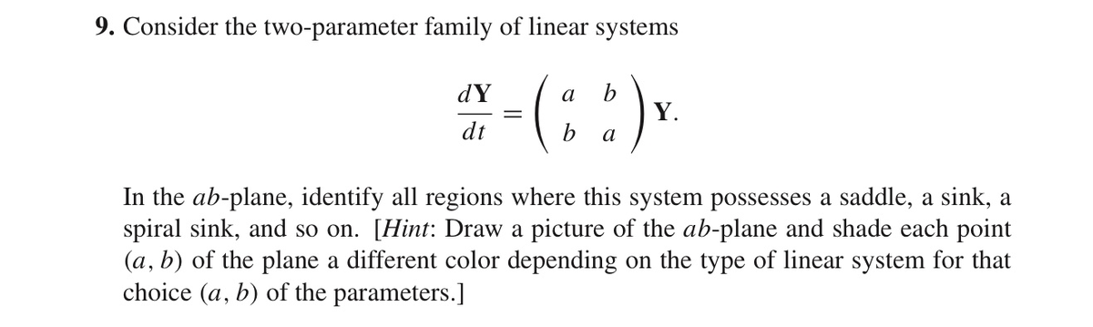 9. Consider the two-parameter family of linear systems
a
b
- (2) Y
Y.
a
dY
dt
In the ab-plane, identify all regions where this system possesses a saddle, a sink, a
spiral sink, and so on. [Hint: Draw a picture of the ab-plane and shade each point
(a, b) of the plane a different color depending on the type of linear system for that
choice (a, b) of the parameters.]