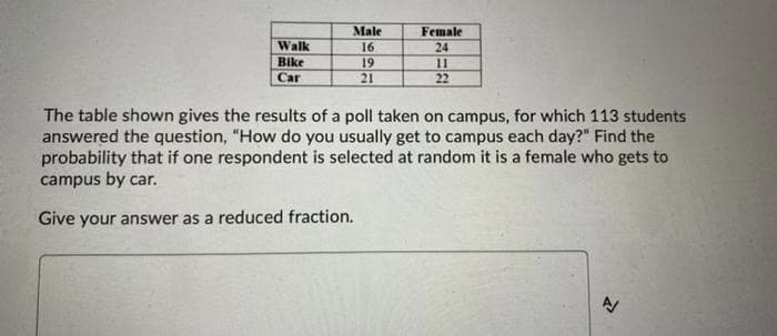 Male
Female
Walk
16
24
Bike
19
11
Car
21
22
The table shown gives the results of a poll taken on campus, for which 113 students
answered the question, "How do you usually get to campus each day?" Find the
probability that if one respondent is selected at random it is a female who gets to
campus by car.
Give your answer as a reduced fraction.
