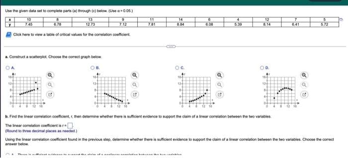 Use the given data set to complete parts (a) through (c) below. (Use a=0.05.)
9
10
7.45
13
12.73
14
8.84
6.78
7.12
5
5.72
Click here to view a table of critical values for the correlation coefficient.
a. Construct a scatterplot. Choose the correct graph below.
OA
OB.
OC.
16
164
164
104
12-
124
124
12-
B
H
8
8-
4
b. Find the linear correlation coefficient, r, then determine whether there is sufficient evidence to support the claim of a linear correlation between the two variables.
The linear correlation coefficient is r
(Round to three decimal places as needed.)
Using the linear correlation coefficient found in the previous step, determine whether there is sufficient evidence to support the claim of a linear correlation between the two variables. Choose the correct
answer below
sallanns somstadie haben the
wளிahlaa
11
7.81
6
6.08
4
5.39
12
8.14
D.
7
6.41