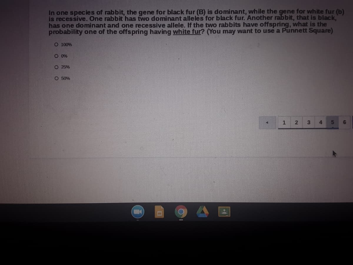 In one species of rabbit, the gene for black fur (B) is dominant, while the gene for white fur (b)
is recessive. One rabbit has two dominant alleles for black fur. Another rabbit, that is black,
has one dominant and one recessive allele. If the two rabbits have offspring, what is the
probability one of the offspring having white fur? (You may want to use a Punnett Square)
O 100%
O 0%
O 25%
O 50%
1
2.
3
4.
5
6.
