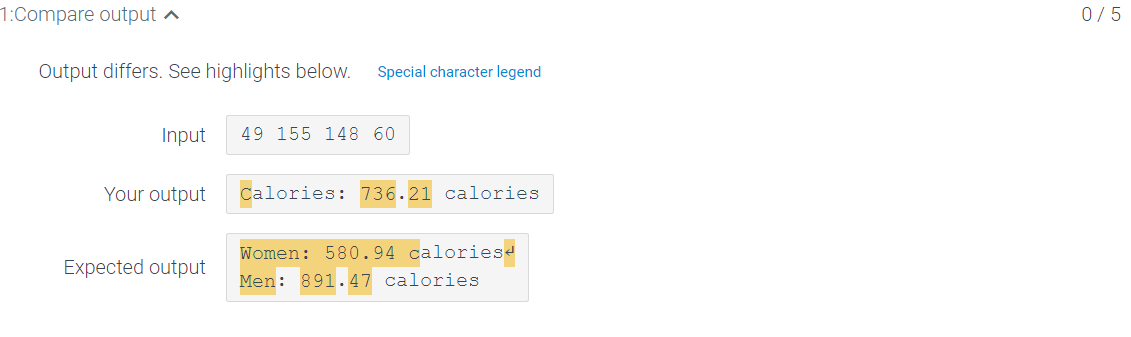 1:Compare output
Output differs. See highlights below. Special character legend
Input
Your output
Expected output
49 155 148 60
Calories: 736.21 calories
Women: 580.94 calories<
Men: 891.47 calories
0/5