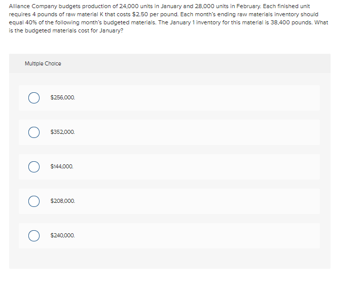 Alliance Company budgets production of 24,000 units in January and 28,000 units in February. Each finished unit
requires 4 pounds of raw material K that costs $2.50 per pound. Each month's ending raw materials inventory should
equal 40% of the following month's budgeted materials. The January 1 inventory for this material is 38,400 pounds. What
is the budgeted materials cost for January?
Multiple Choice
$256,000.
$352,000.
O $144,000.
$208,000.
$240,000.
