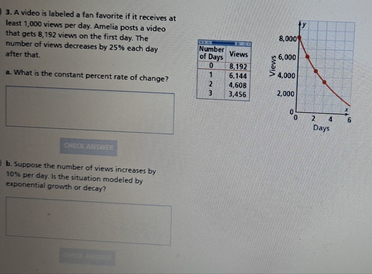 3. A video is labeled a fan favorite if it receives at
least 1,000 views per day. Amelia posts a video
that gets 8,192 views on the first day. The
number of views decreases by 25% each day
after that.
a. What is the constant percent rate of change?
CHECK ANSWER
b. Suppose the number of views increases by
10% per day. Is the situation modeled by
exponential growth or decay?
CHECK ANSWER
Number
of Days
0
1
23
Views
8,192
6,144
4,608
3,456
Views
8,000
6,000
4,000
2,000
0
0
2
4
Days
6