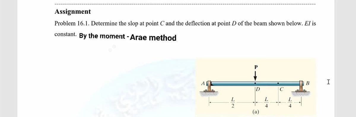 Assignment
Problem 16.1. Determine the slop at point C and the deflection at point D of the beam shown below. El is
constant. By the moment - Arae method
A
В
C
4
4
(a)
