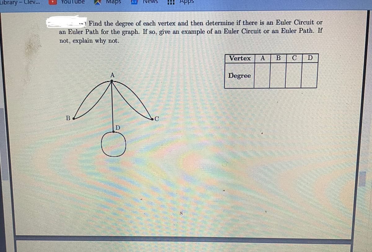 Library - Clev..
Maps
YouTube
News
H Apps
Find the degree of each vertex and then determine if there is an Euler Çircuit or
an Euler Path for the graph. If so, give an example of an Euler Circuit or an Euler Path. If
not, explain why not.
Vertex
A
C
D
Degree
