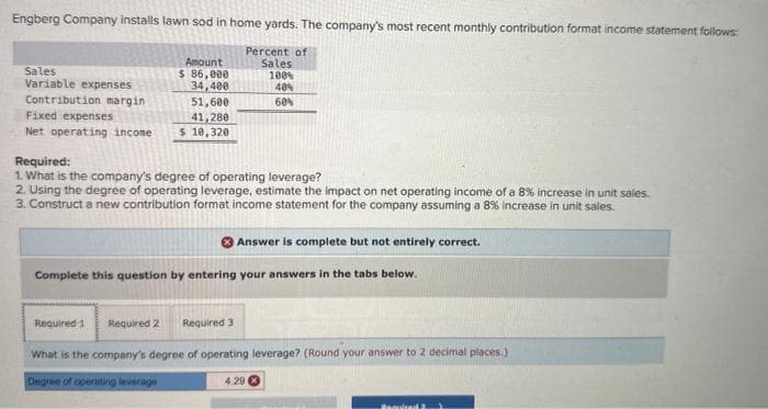 Engberg Company installs lawn sod in home yards. The company's most recent monthly contribution format income statement follows:
Percent of
Sales
100%
40%
60%
Sales
Variable expenses
Contribution margin
Amount
$ 86,000
34,400
51,600
Fixed expenses
41,280
Net operating income $ 10,320
Required:
1. What is the company's degree of operating leverage?
2. Using the degree of operating leverage, estimate the impact on net operating income of a 8% increase in unit sales.
3. Construct a new contribution format income statement for the company assuming a 8% increase in unit sales.
Answer is complete but not entirely correct.
Complete this question by entering your answers in the tabs below.
Required 1
Required 2 Required 3
What is the company's degree of operating leverage? (Round your answer to 2 decimal places)
Degree of operating leverage
4.29
Required 2