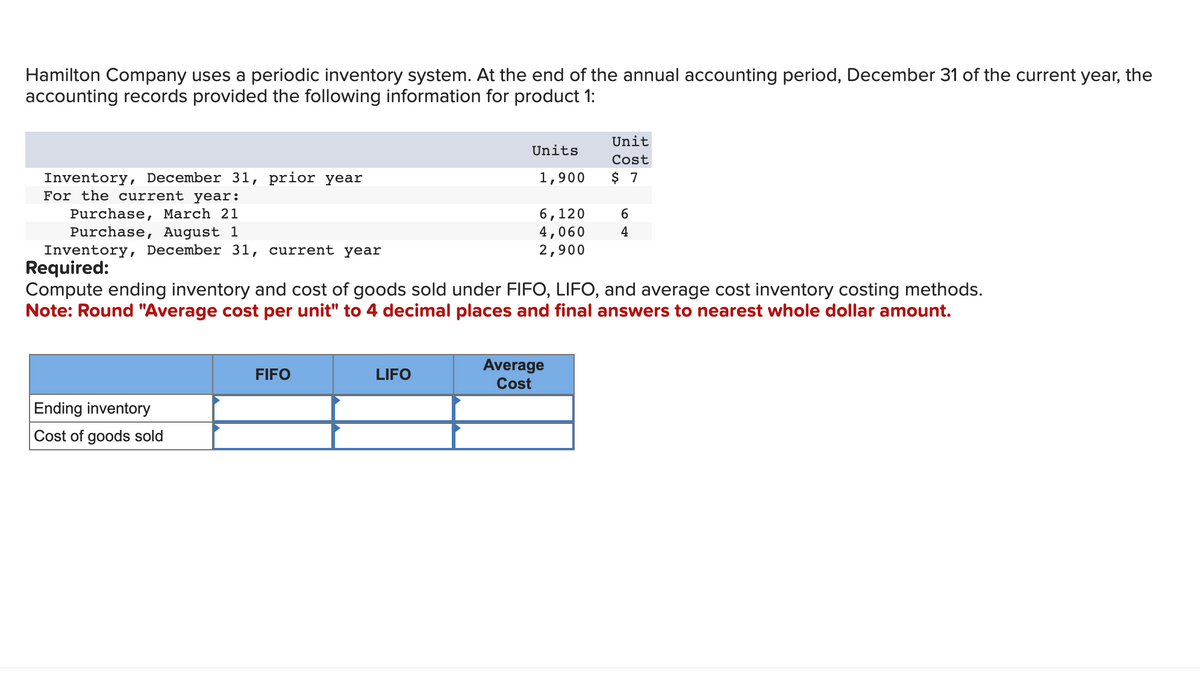 Hamilton Company uses a periodic inventory system. At the end of the annual accounting period, December 31 of the current year, the
accounting records provided the following information for product 1:
Inventory, December 31, prior year
For the current year:
Ending inventory
Cost of goods sold
FIFO
Units
LIFO
1,900
Purchase, March 21
Purchase, August 1
Inventory, December 31, current year
Required:
Compute ending inventory and cost of goods sold under FIFO, LIFO, and average cost inventory costing methods.
Note: Round "Average cost per unit" to 4 decimal places and final answers to nearest whole dollar amount.
6,120
4,060
2,900
Unit
Cost
$ 7
Average
Cost
6
4