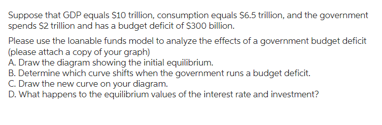 Suppose that GDP equals $10 trillion, consumption equals $6.5 trillion, and the government
spends $2 trillion and has a budget deficit of $300 billion.
Please use the loanable funds model to analyze the effects of a government budget deficit
(please attach a copy of your graph)
A. Draw the diagram showing the initial equilibrium.
B. Determine which curve shifts when the government runs a budget deficit.
C. Draw the new curve on your diagram.
D. What happens to the equilibrium values of the interest rate and investment?