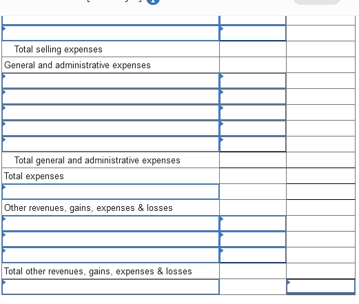 Total selling expenses
General and administrative expenses
Total general and administrative expenses
Total expenses
Other revenues, gains, expenses & losses
Total other revenues, gains, expenses & losses