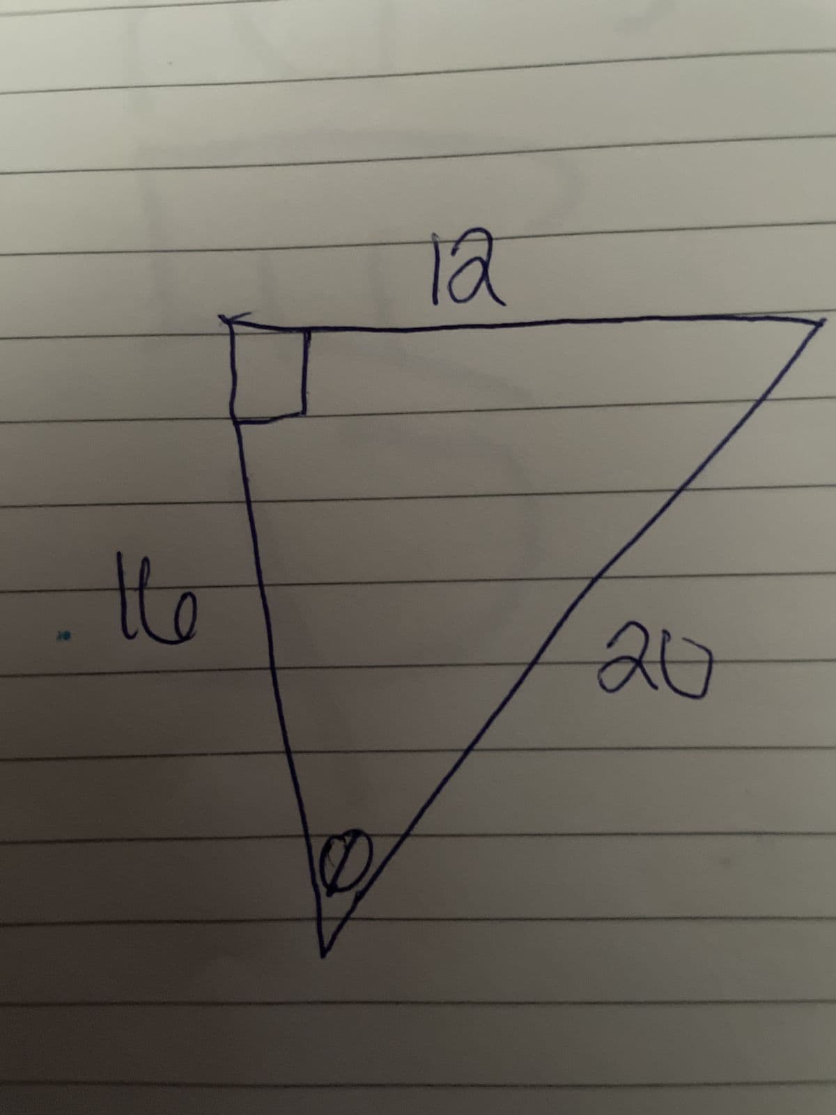 ### Understanding Right Triangles

![Right Triangle](image-link) 

A right triangle is a type of triangle that has one angle equal to 90 degrees. In this diagram, the triangle illustrates several important features of right triangles:

1. **Right Angle**: The triangle has a right angle (90 degrees) located at the bottom left corner. This is denoted by the small square in the corner.
  
2. **Sides**:
   - The side opposite the right angle is called the hypotenuse. In this triangle, the hypotenuse is labeled as 20.
   - The other two sides are referred to as the legs. The vertical leg is labeled as 16, and the horizontal leg is labeled as 12.

3. **Additional Angles**: The other two angles in the triangle add up to 90 degrees. These include:
   - The angle at the top, opposite the vertical side, which is an acute angle (less than 90 degrees).
   - The angle at the bottom right, opposite the horizontal side, also an acute angle. This is marked with an arc for distinction.

### Special Property - The Pythagorean Theorem
In a right triangle, the lengths of the sides satisfy a special relationship known as the Pythagorean Theorem, which states:

\[ a^2 + b^2 = c^2 \]

Where:
- \( a \) and \( b \) are the lengths of the legs (16 and 12 in our case).
- \( c \) is the length of the hypotenuse (20 in our case).

### Example Calculation
To demonstrate the Pythagorean Theorem with the given triangle:

\[ 16^2 + 12^2 = 20^2 \]
\[ 256 + 144 = 400 \]
\[ 400 = 400 \]

This confirms that our triangle follows the Pythagorean Theorem, and all sides are correctly labeled.

### Practical Applications
Right triangles are extensively used in various fields such as construction, navigation, engineering, and physics. Understanding the fundamental properties of right triangles and the Pythagorean Theorem allows us to solve many real-world problems involving distances and measurements.